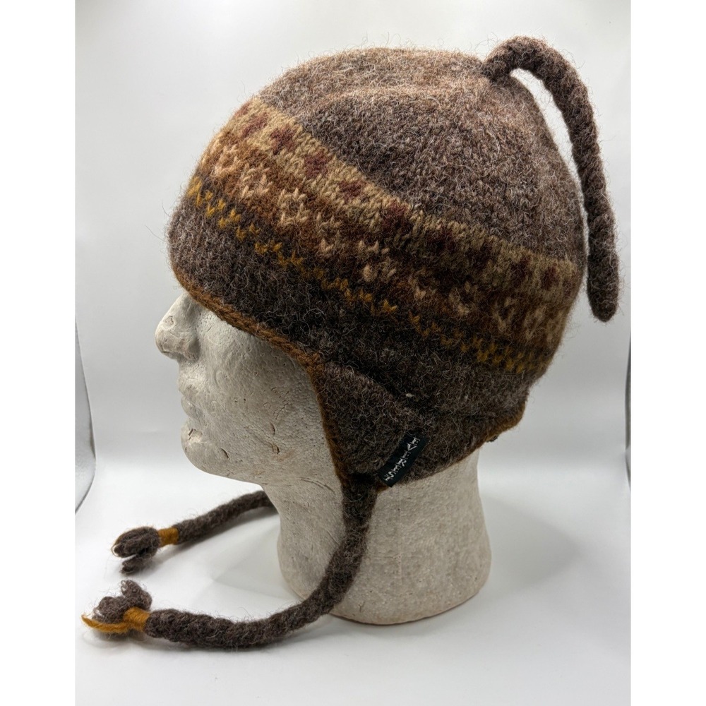 Everest Designs Nepal Wool Earflap Hat Brown Fair Isle Fleece Lined Beanie